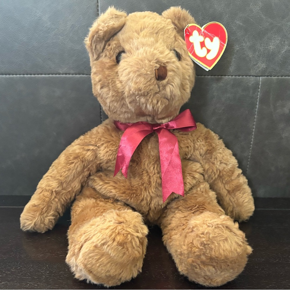 1990 TY Brown Teddy Bear with Mauve Ribbon Rumples 5002